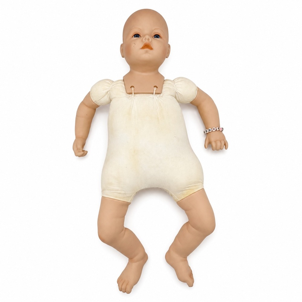 Vintage 1988 Porcelain Baby Doll 19" Blue Glass Eyes Soft Cloth Body MBI Taiwan